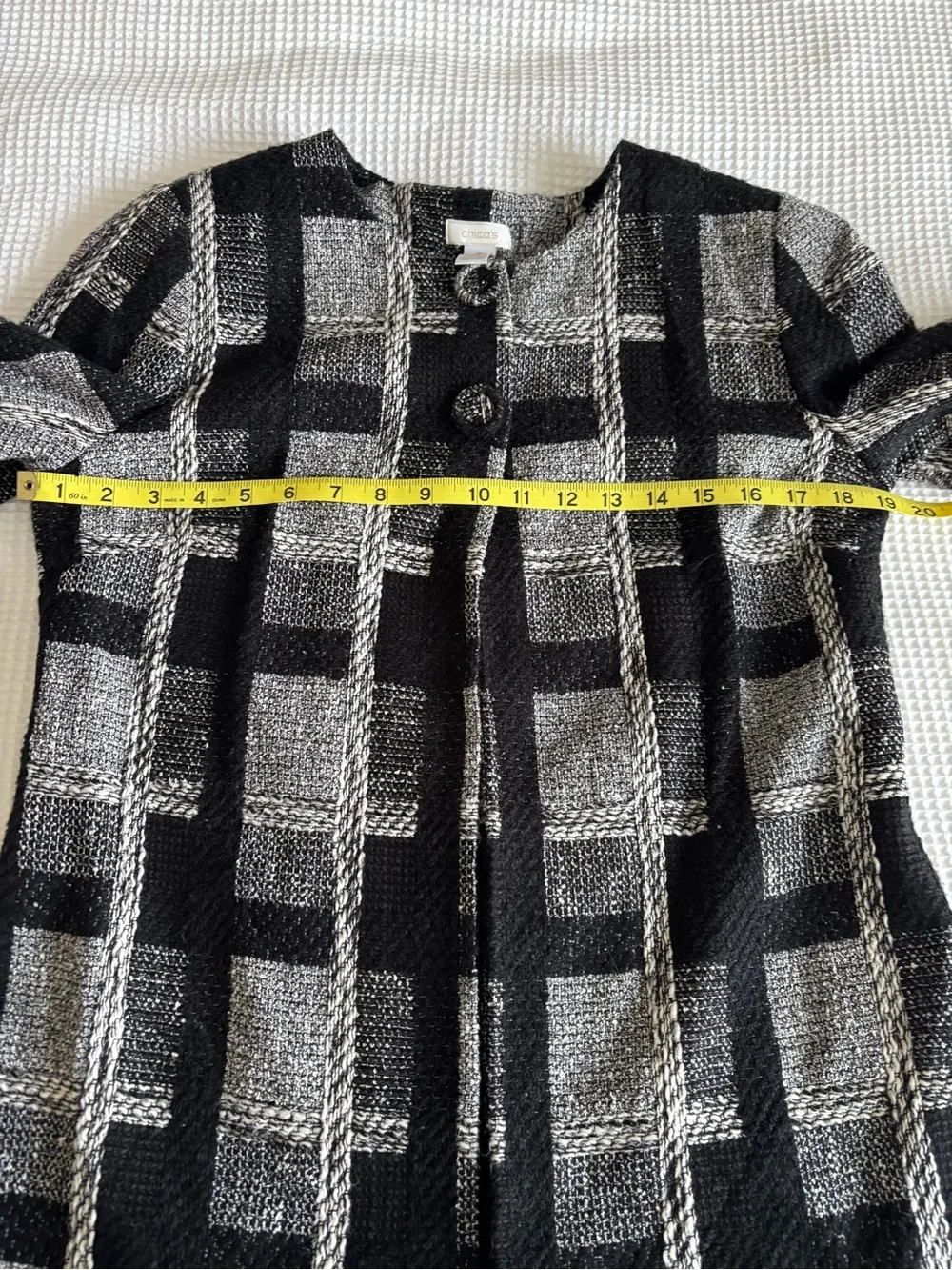 Chico's Black and White Tweed Plaid Button Jacket